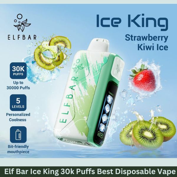 پاد یکبار مصرف الف بار آیس کینگ نیکوتین 50میلی گرم (تعداد پاف 30000) طعم توتفرنگی کیوی یخ 